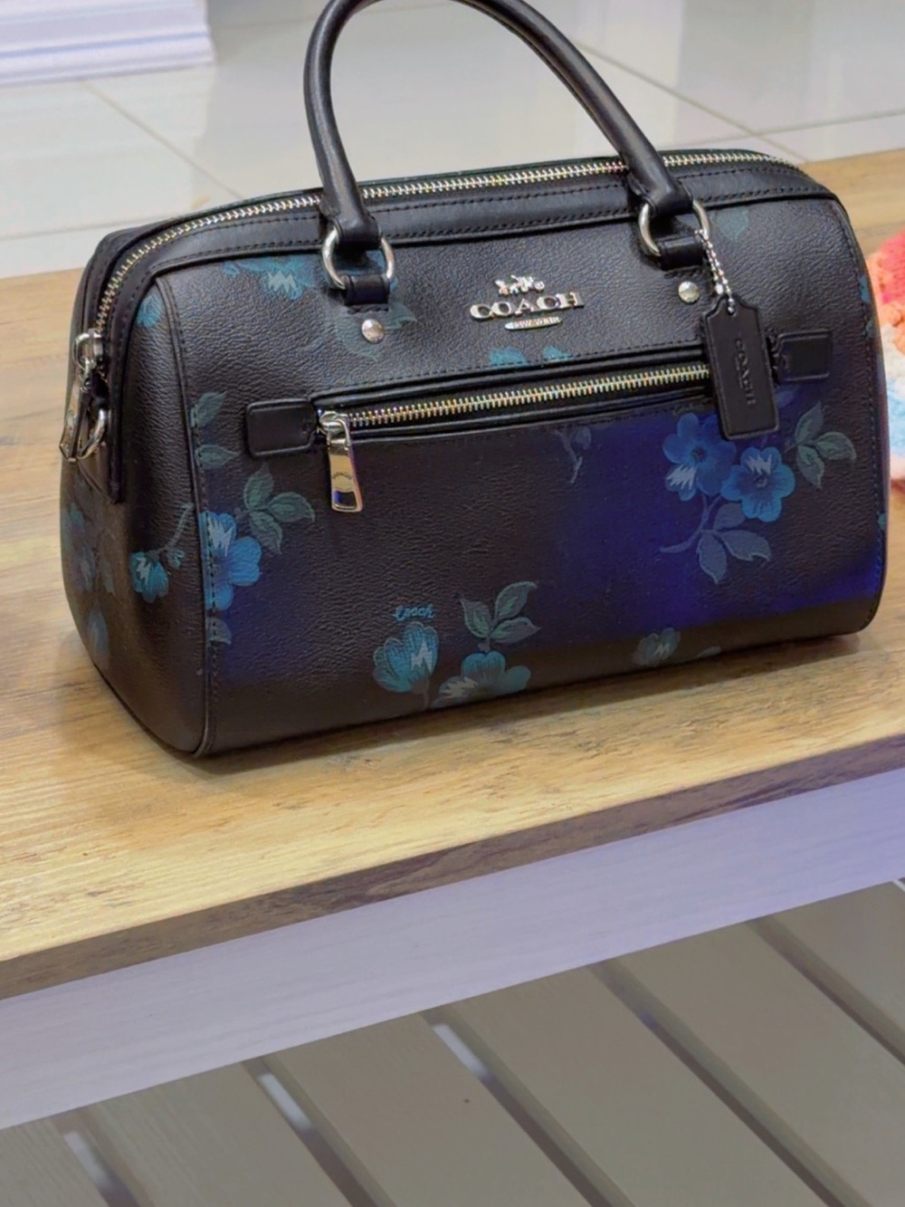 Coach Black Leather Satchel with Blue Floral Print